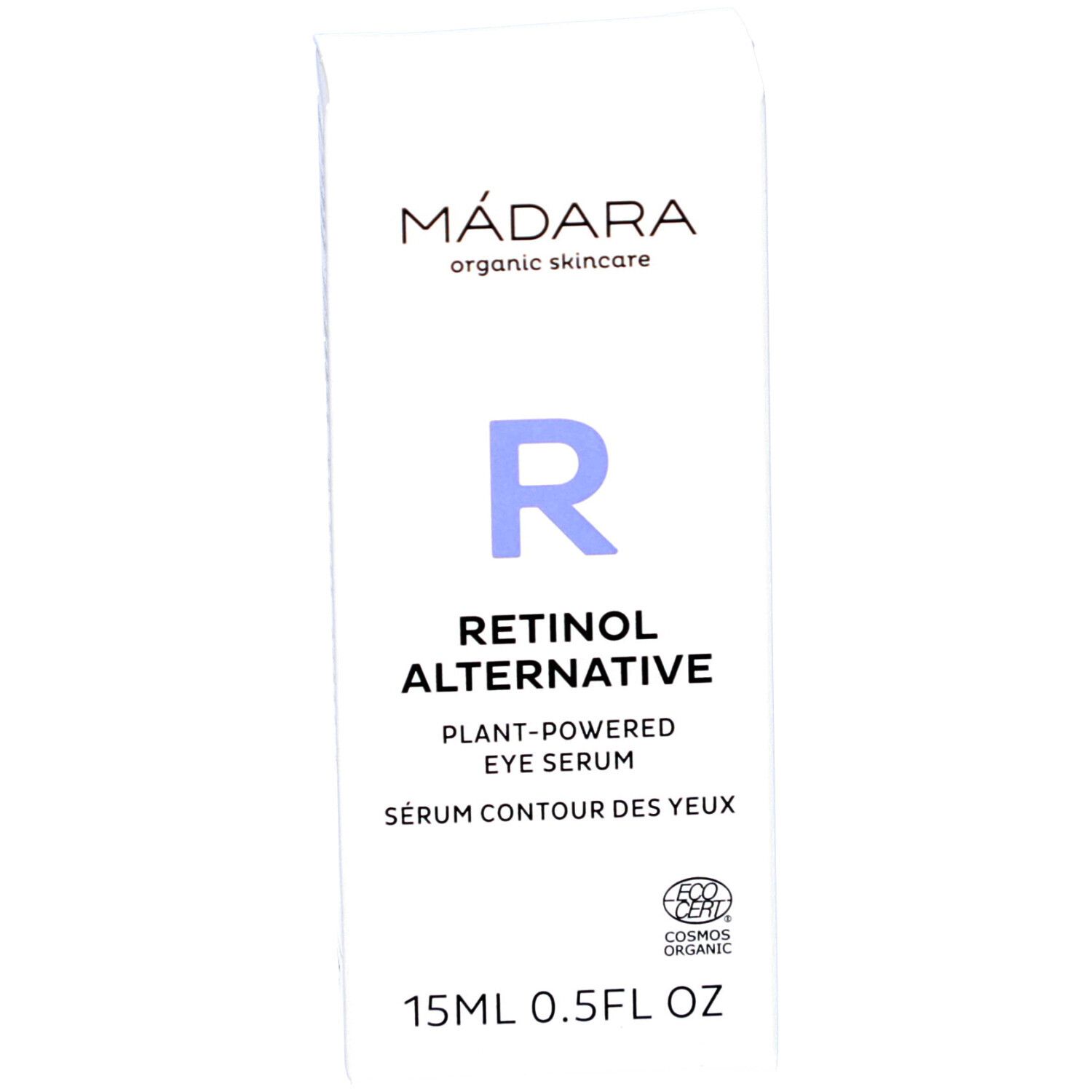 Verpackung des Augenserums. Aufschrift: MÁDARA, Retinol Alternative, Plant-Powered Eye Serum, 15ml, COSMOS ORGANIC.
