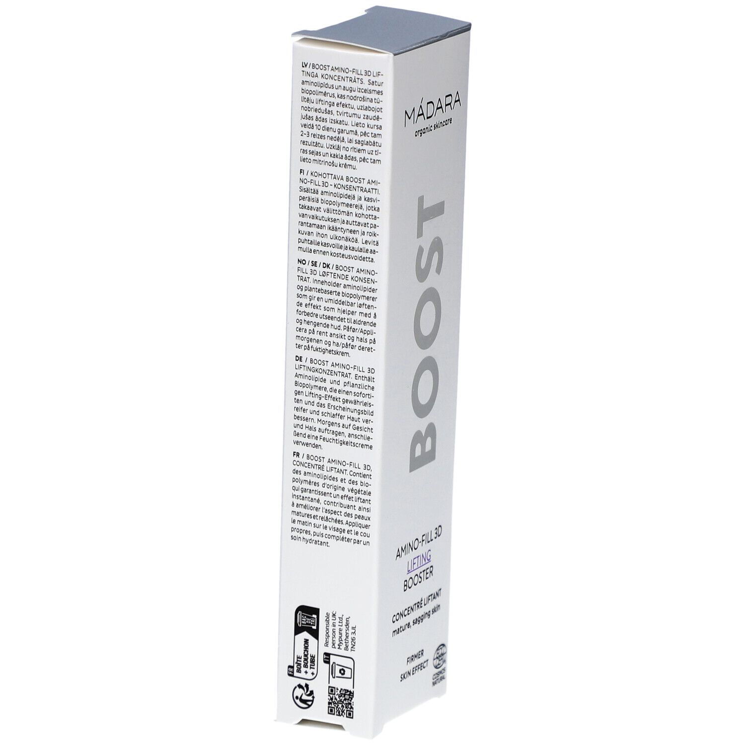 Rückseite der Produktverpackung. Text in mehreren Sprachen. Marke MÁDARA. Zertifizierungen und QR-Code.