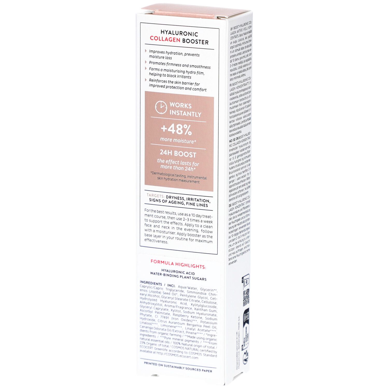 Weiße Verpackung mit Produktinformationen. Enthält Text über Feuchtigkeit und Glätte. Enthält Inhaltsstoffe und Wirkungsweise.