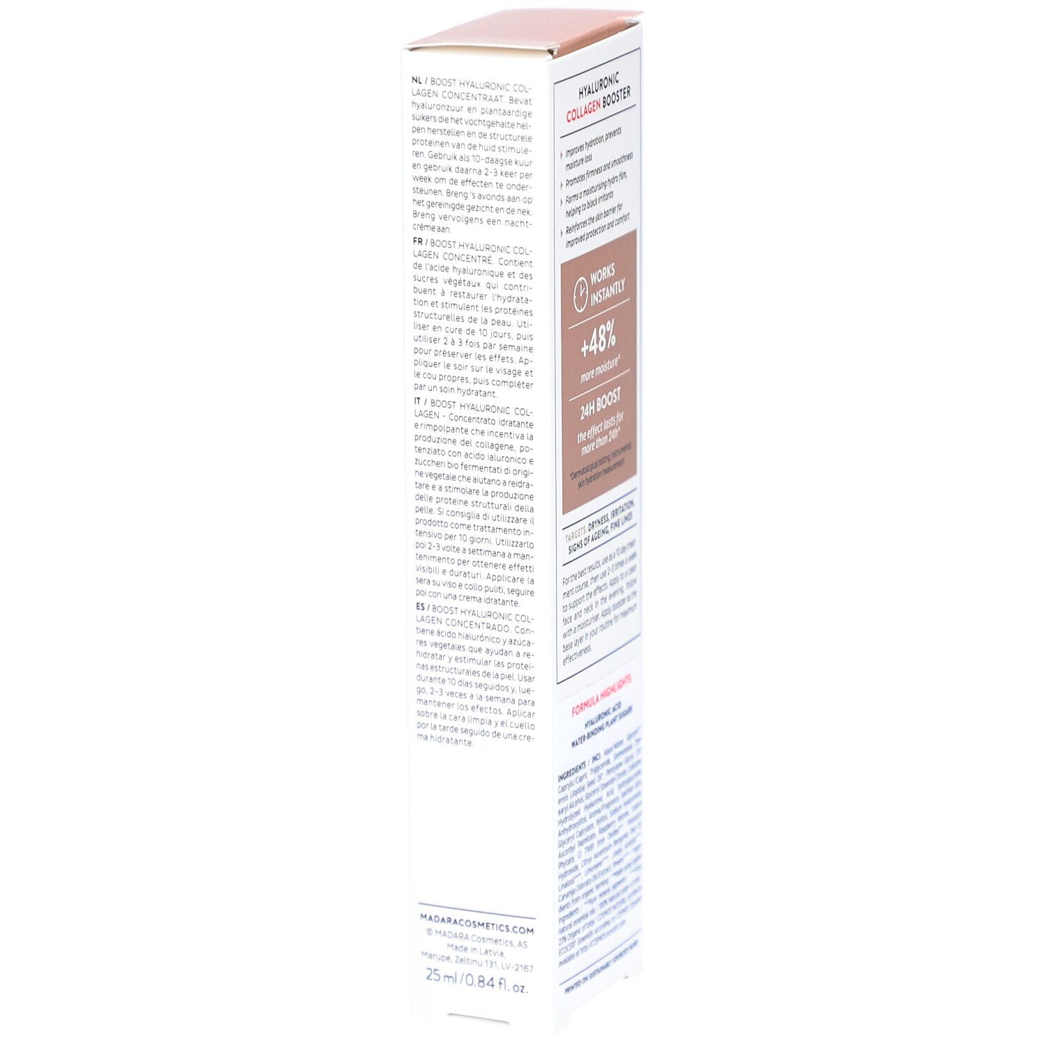 Weiße Verpackung mit Produktinformationen. Enthält Text über Feuchtigkeit und Glätte. Enthält Inhaltsstoffe und Wirkungsweise.