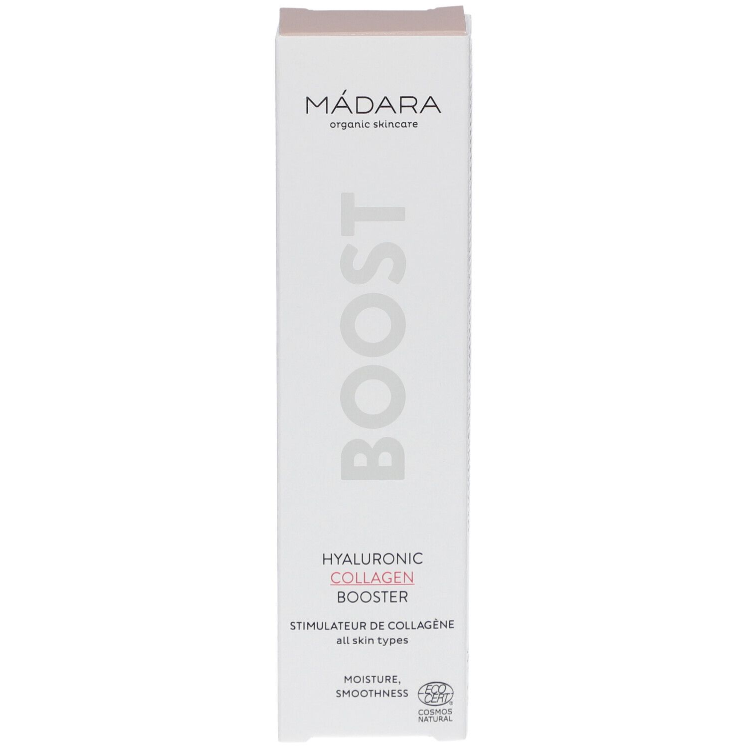 Weiße Verpackung mit Produktnamen BOOST und Hyaluronic Collagen Booster. Marke: Mádara. Enthält COSMOS NATURAL Zertifizierung.
