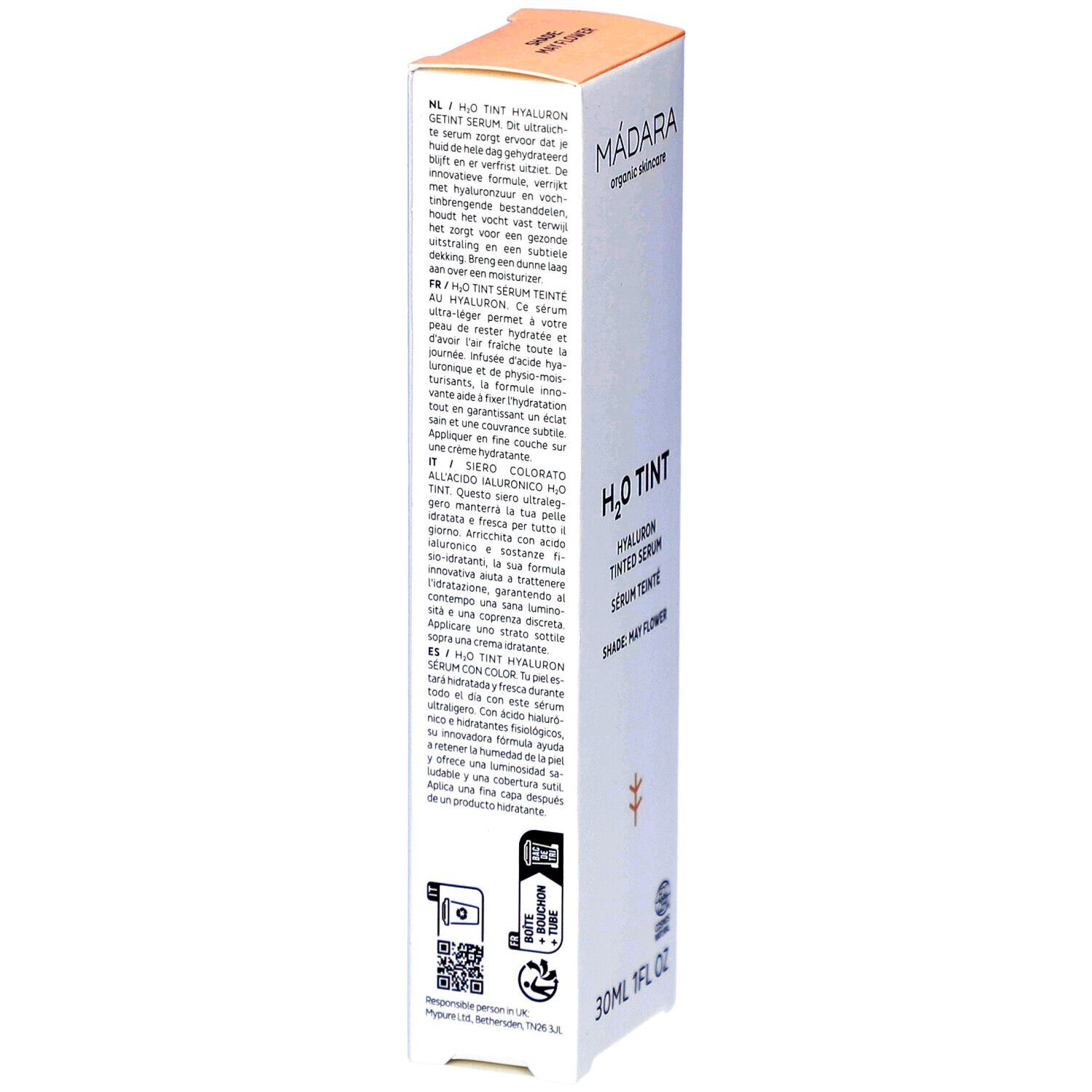 Madara H2O Tint Hyaluron-Serum Verpackung. Text in mehreren Sprachen. 30ml, 1FL OZ. Shade: May Flower. Mit QR-Code.