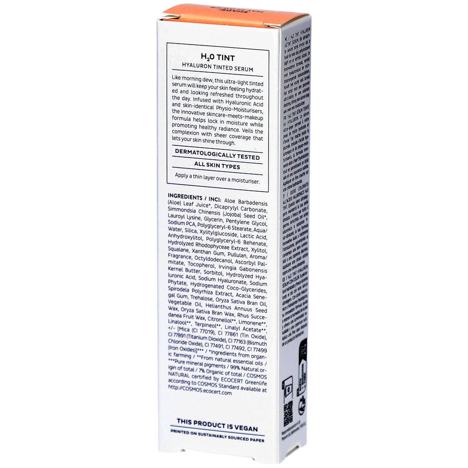 Rückseite der Madara H2O Tint Hyaluron-Serum Verpackung. Inhaltsstoffe, Text. Vegan-Zertifizierung. Für alle Hauttypen.