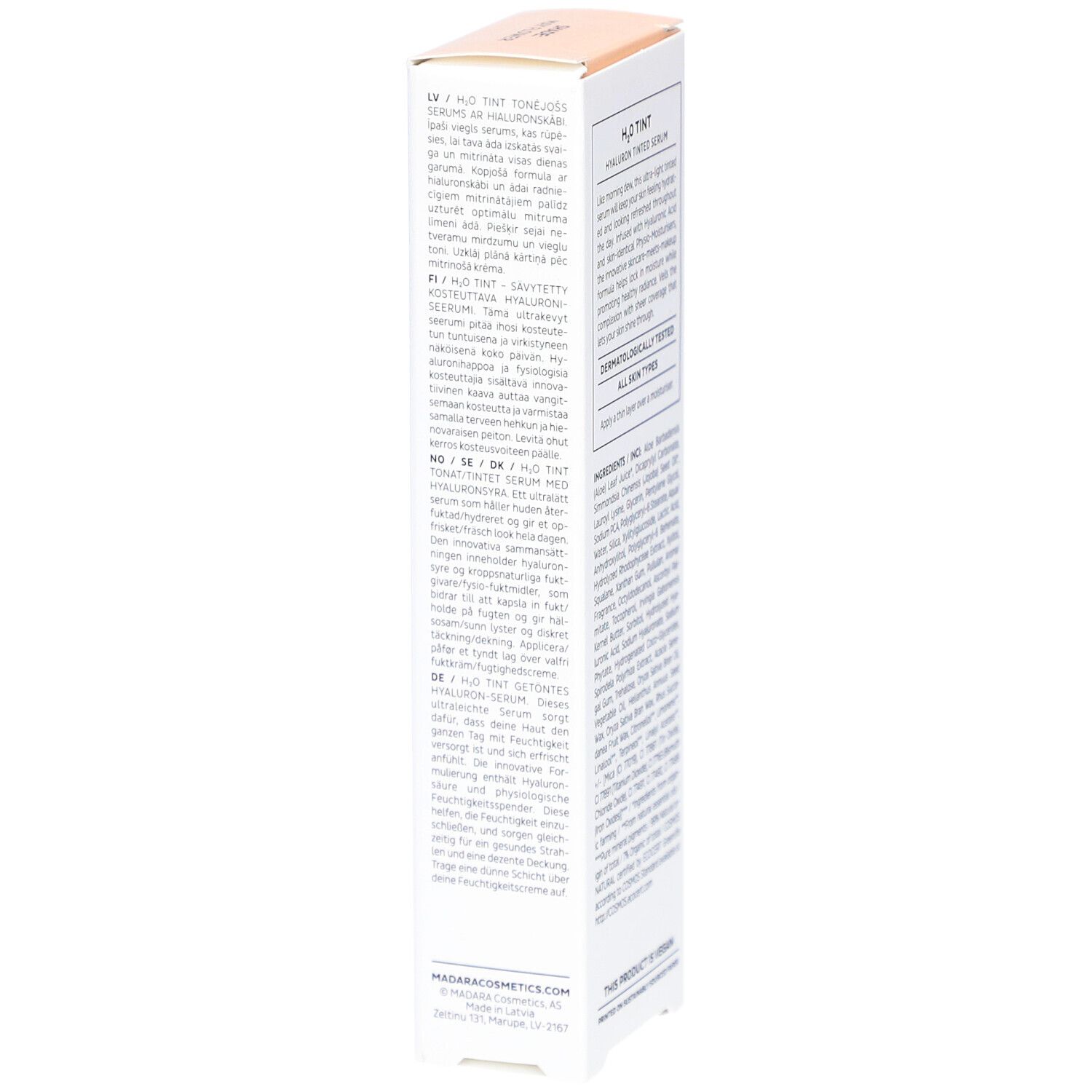 Seite der Madara H2O Tint Hyaluron-Serum Verpackung. Text in mehreren Sprachen. MadaraCosmetics.com.