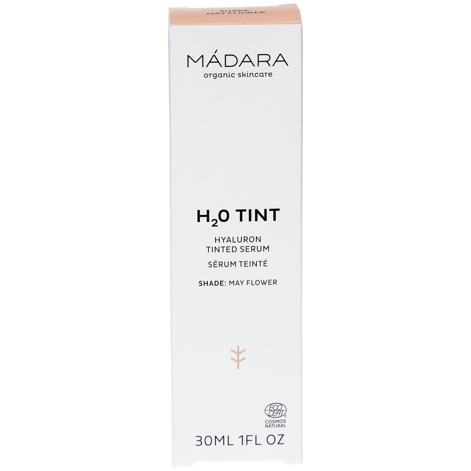 Madara H2O Tint Hyaluron-Serum Verpackung. Produktname und Logo. 30ml, 1FL OZ. Shade: May Flower. CO2-Zertifizierung.