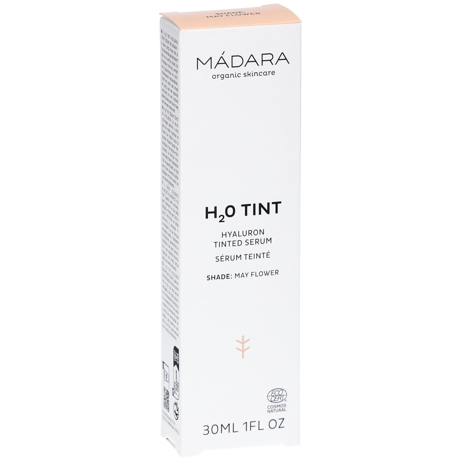 Madara H2O Tint Hyaluron-Serum Verpackung. Produktname und Logo. 30ml, 1FL OZ. Shade: May Flower. CO2-Zertifizierung.