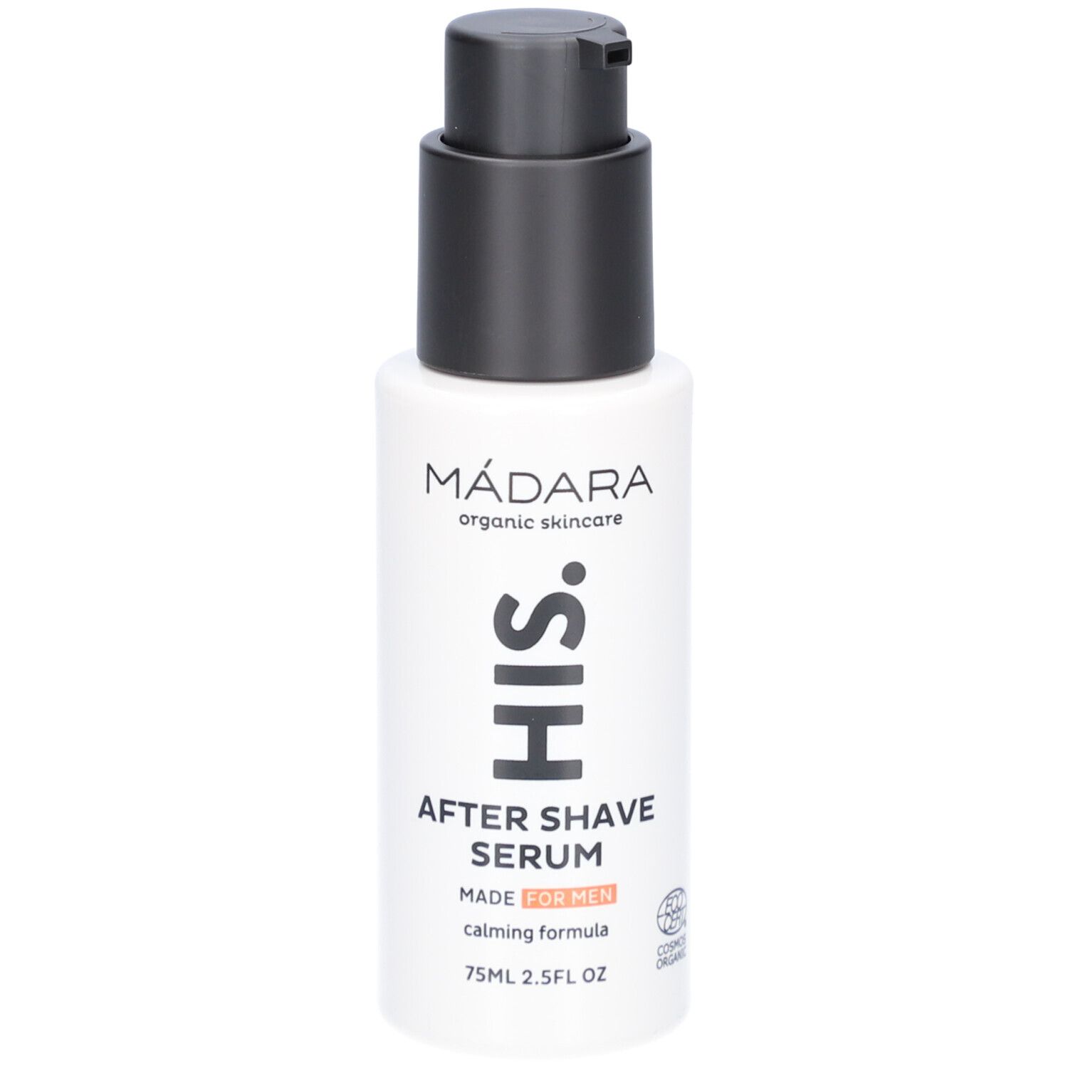 Weißes Fläschchen mit schwarzem Pumpkopf. Aufschrift: MÁDARA, HIS, After Shave Serum, MADE FOR MEN, COSMOS ORGANIC.