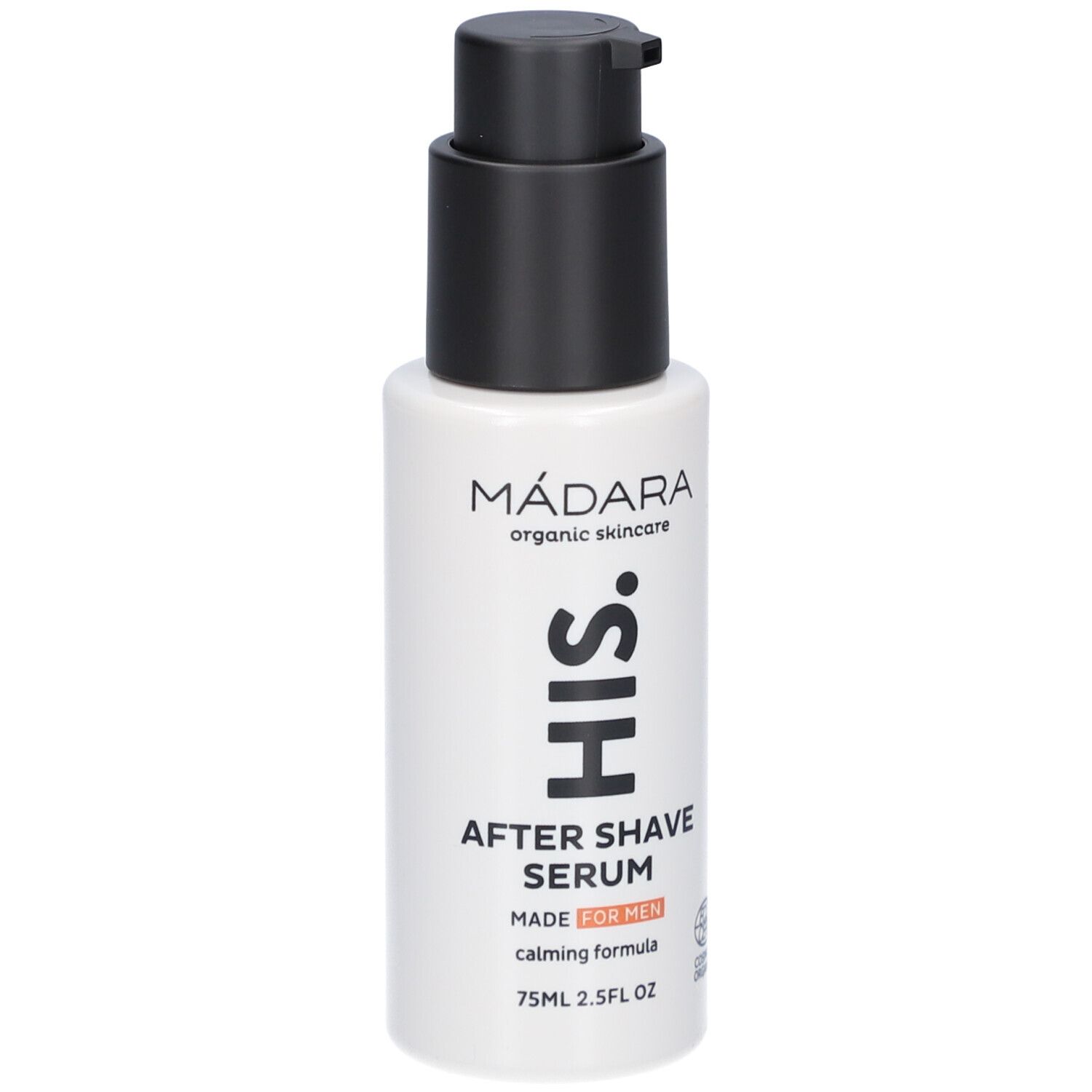 Weißes Fläschchen mit schwarzem Pumpkopf. Aufschrift: MÁDARA, HIS, After Shave Serum, MADE FOR MEN, COSMOS ORGANIC.
