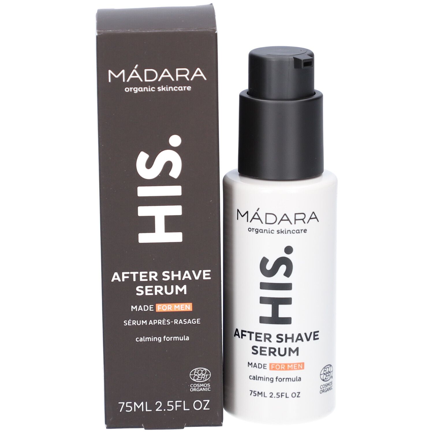 Produktflasche und Verpackung. Aufschrift: MÁDARA, HIS, After Shave Serum, MADE FOR MEN, COSMOS ORGANIC.