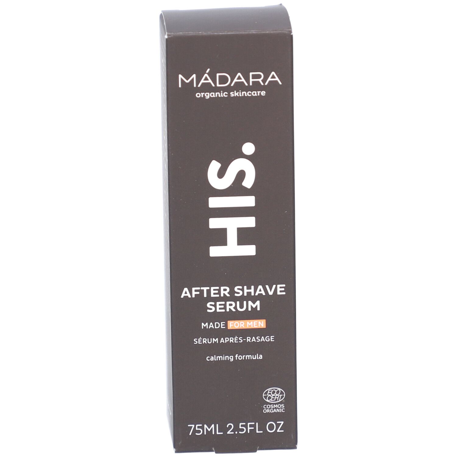 Braune Produktverpackung. Aufschrift: MÁDARA, HIS, After Shave Serum, MADE FOR MEN, COSMOS ORGANIC.