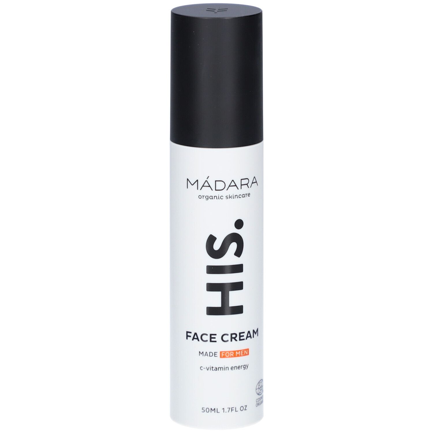 Weiß-schwarze Flasche mit schwarzem Deckel. Aufschrift: MÁDARA, HIS, FACE CREAM, MADE FOR MEN, c-vitamin energy.