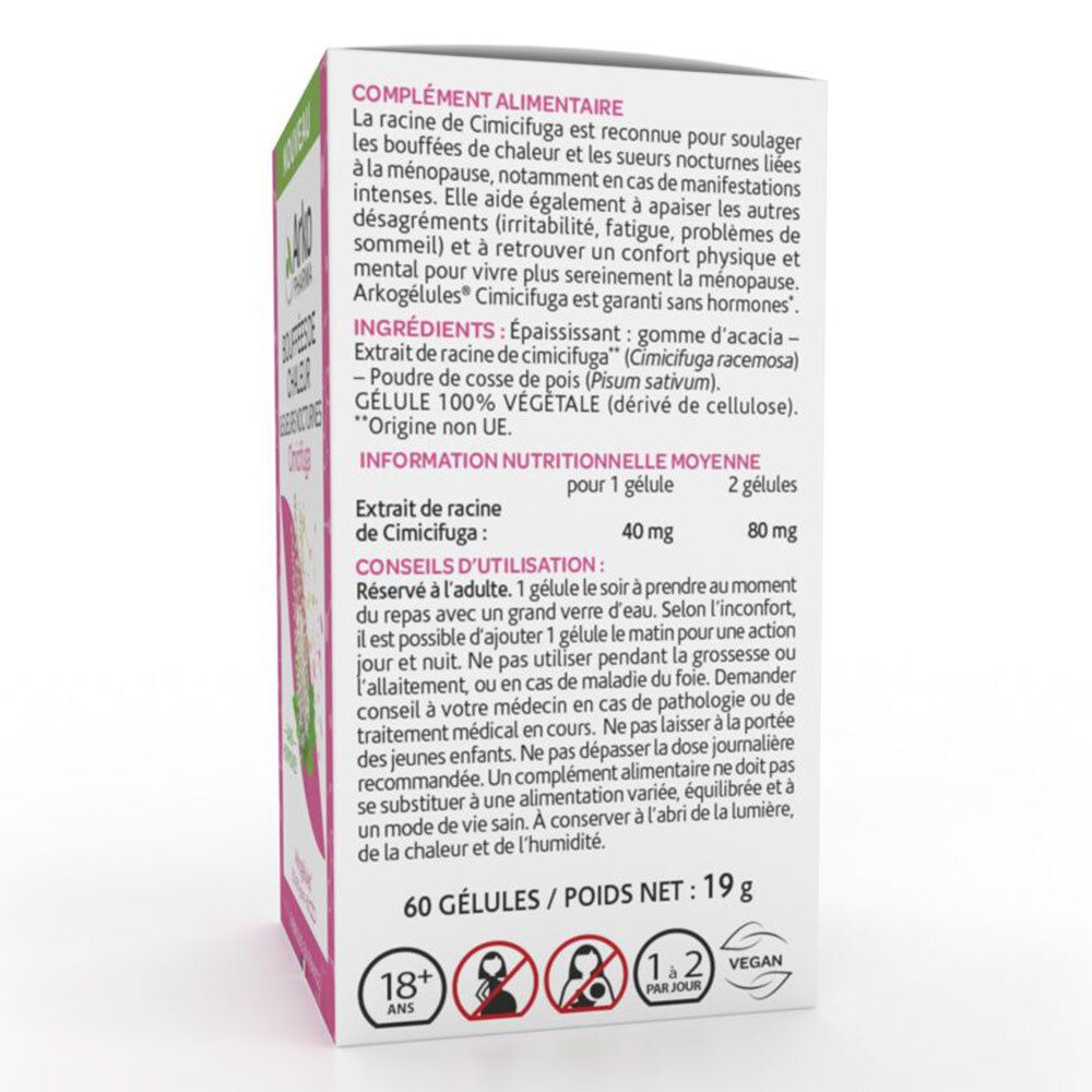 Dos de la boîte Cimicifuga. Informations sur les ingrédients, l'utilisation et les valeurs nutritionnelles. 60 gélules, 19 g.