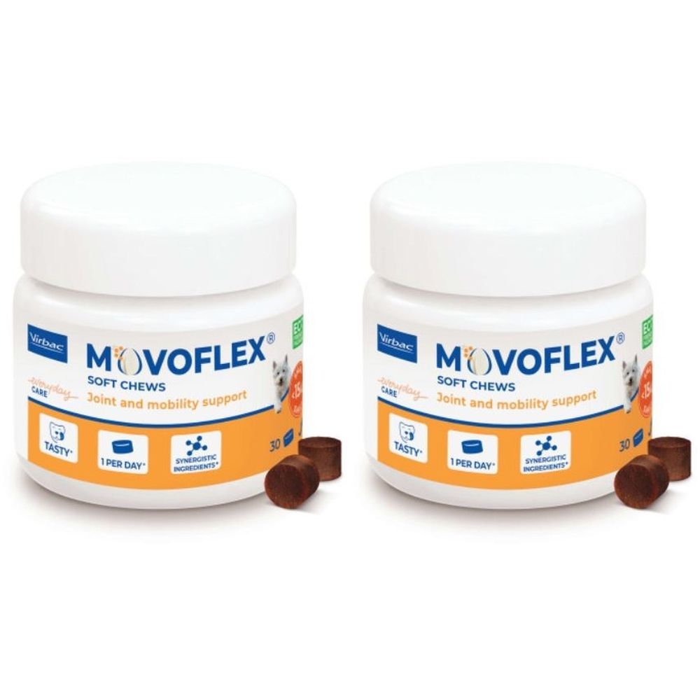 Zwei weiße Behälter mit Deckel. Aufschrift MOVOFLEX SOFT CHEWS. Braune Tabletten liegen daneben.