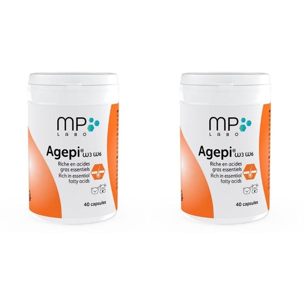 Zwei weiße Dosen mit orangefarbenem Streifen. Aufschrift: MP Labo Agepi ω3 ω6, 40 Kapseln. Enthält essentielle Fettsäuren.