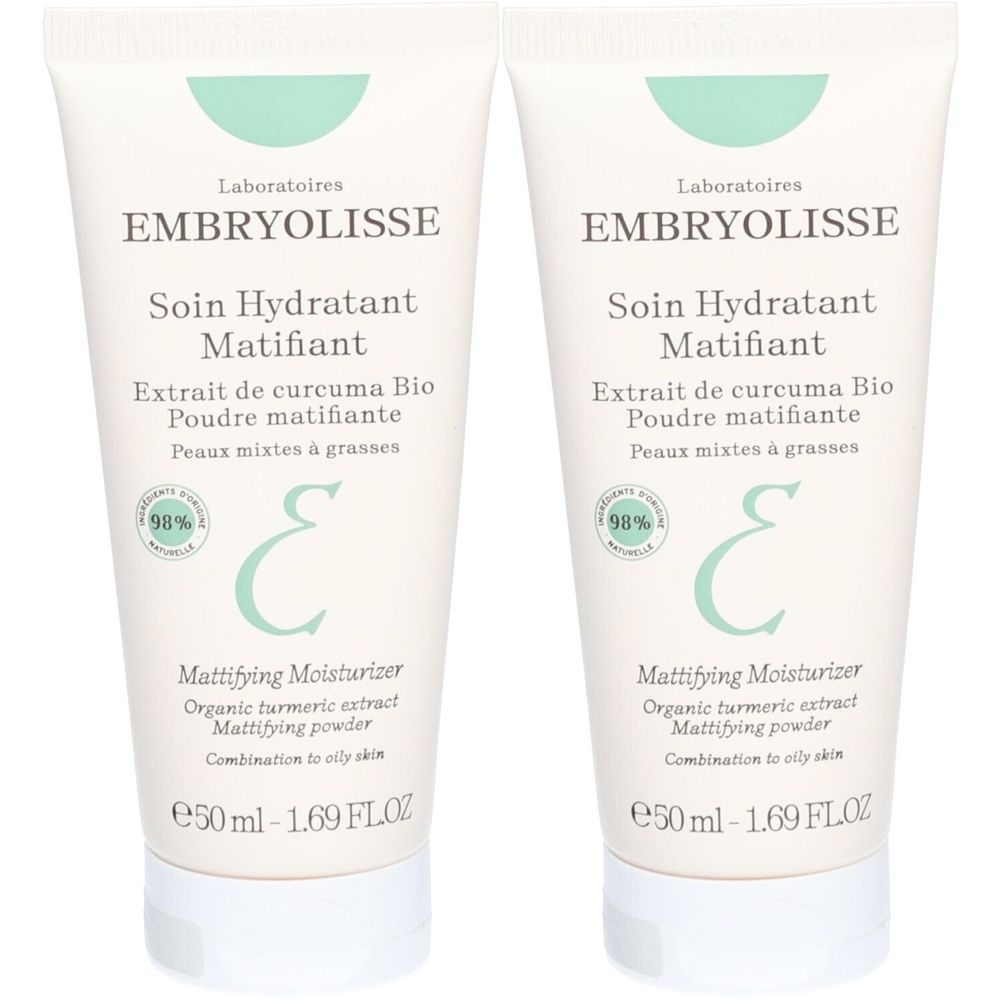 Zwei Tuben Embryolisse Soin Hydratant Matifiant. Weiße Tuben mit grüner Schrift und Logo. Enthält 50 ml.