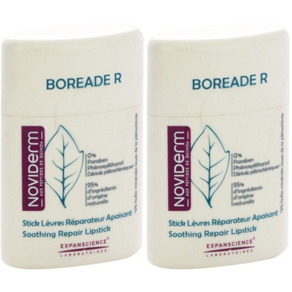 Zwei weiße Lippenpflegestifte. Aufschrift: Noviderm, Boréade R, Stick Lèvres Réparateur Apaisant. Mit Blatt-Logo und Inhaltsangaben.