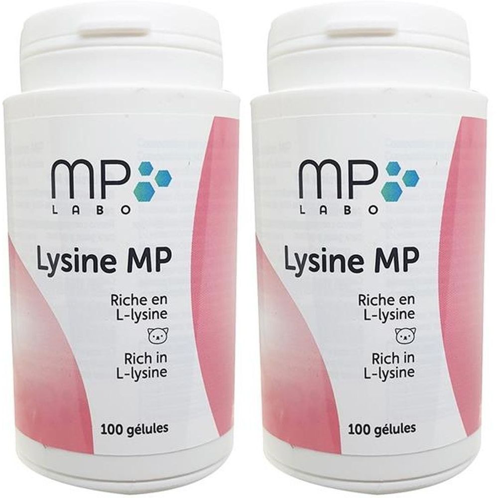 Zwei weiße Flaschen mit dem Aufdruck "MP LABO Lysine MP". Aufschrift "Riche en L-lysine" und "100 gélules".