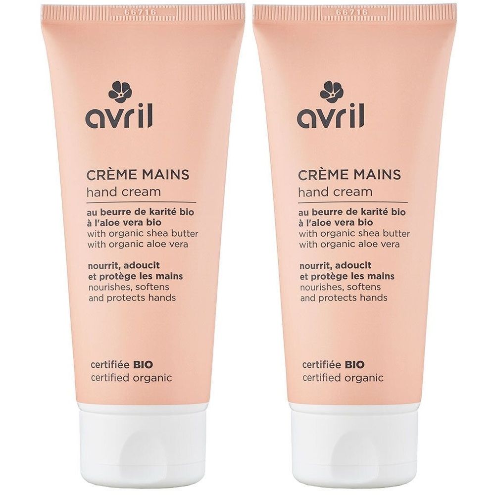Zwei Tuben Handcreme. Aufschrift: avril, Crème Mains, zertifiziert BIO. Rosa Tube mit weißem Verschluss.