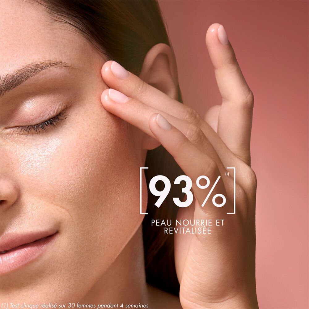 Gros plan sur un visage. Main touchant la peau. Texte: 93% peau nourrie et revitalisée.