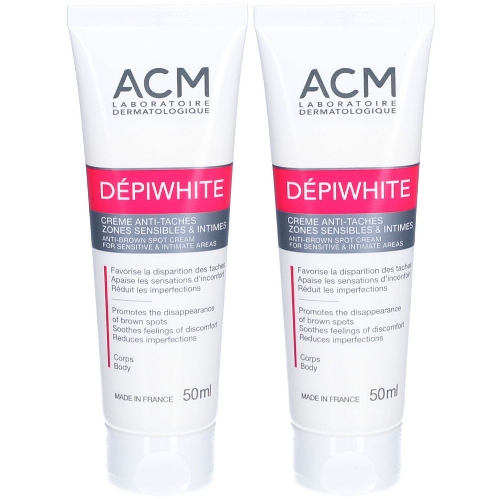 Zwei Tuben DEPIWHITE Creme. Weiß, mit roter und schwarzer Schrift. Enthält Informationen zu empfindlichen Bereichen. 50ml.