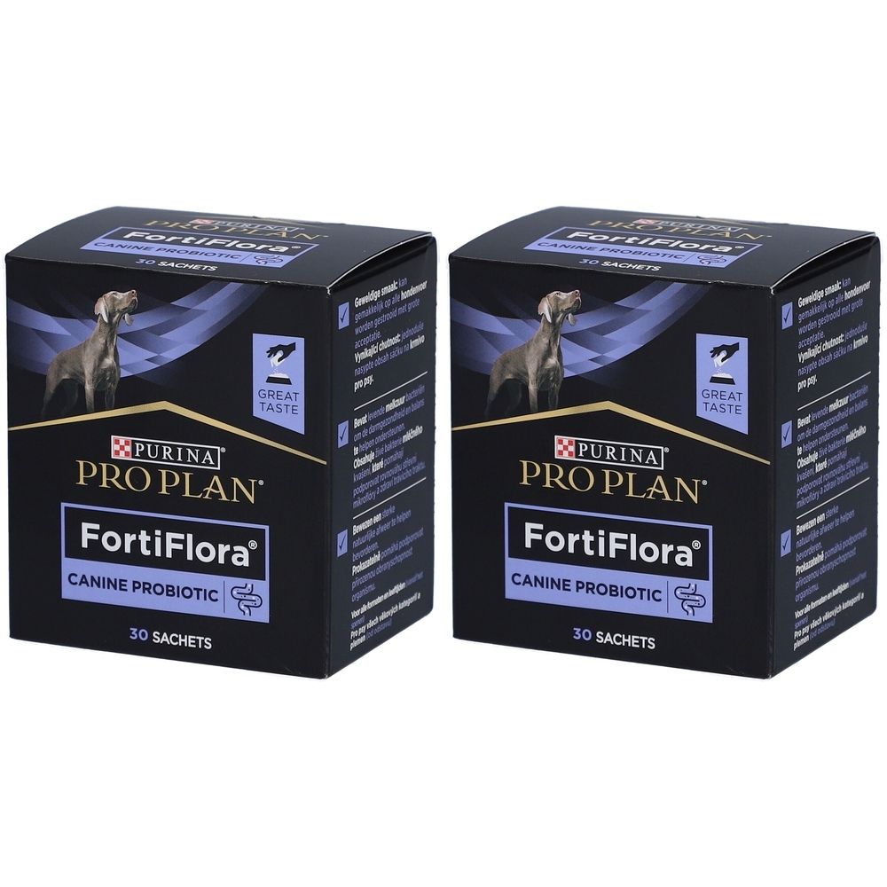 Zwei Schachteln PURINA Pro Plan FortiFlora Canine Probiotic. Schwarze Verpackung mit Produktnamen, Hundebild und 30 Sachets.
