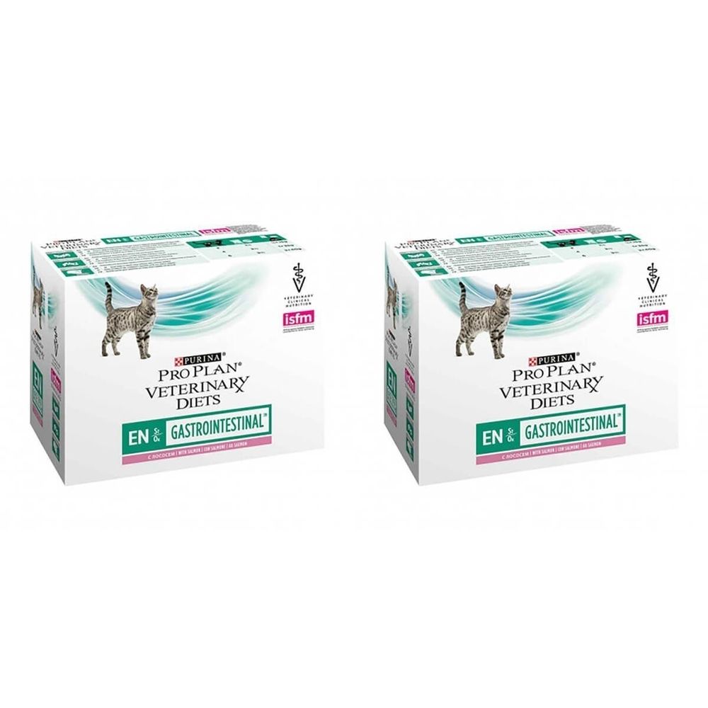 Zwei Kartons mit Aufdrucken von PURINA PRO PLAN VETERINARY DIETS EN Gastrointestinal. Abbildung einer Katze.