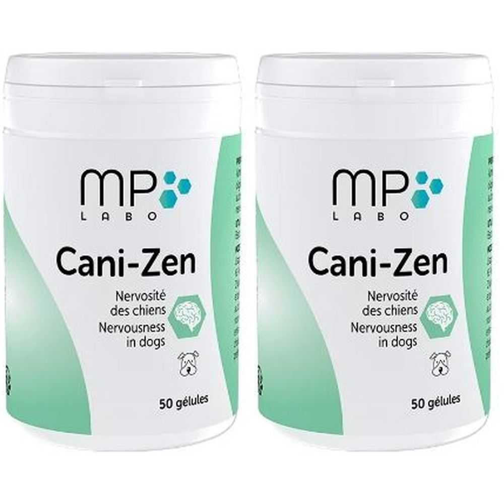 Zwei weiße Behälter mit Deckel. Aufschrift: MP Labo, Cani-Zen, Nervosité des chiens, 50 gélules.