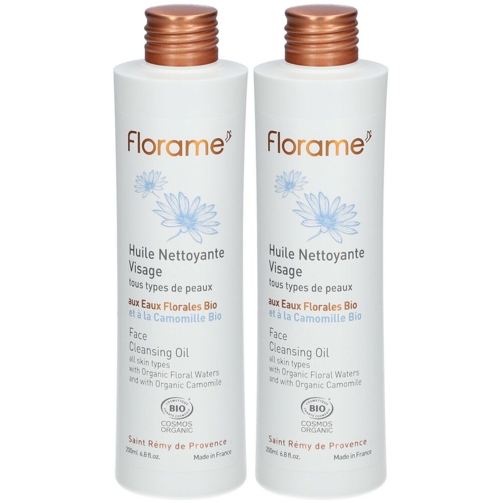 Zwei weiße Flaschen mit braunen Deckeln. Aufschrift: Florame, Huile Nettoyante Visage, Bio-Zertifizierung.
