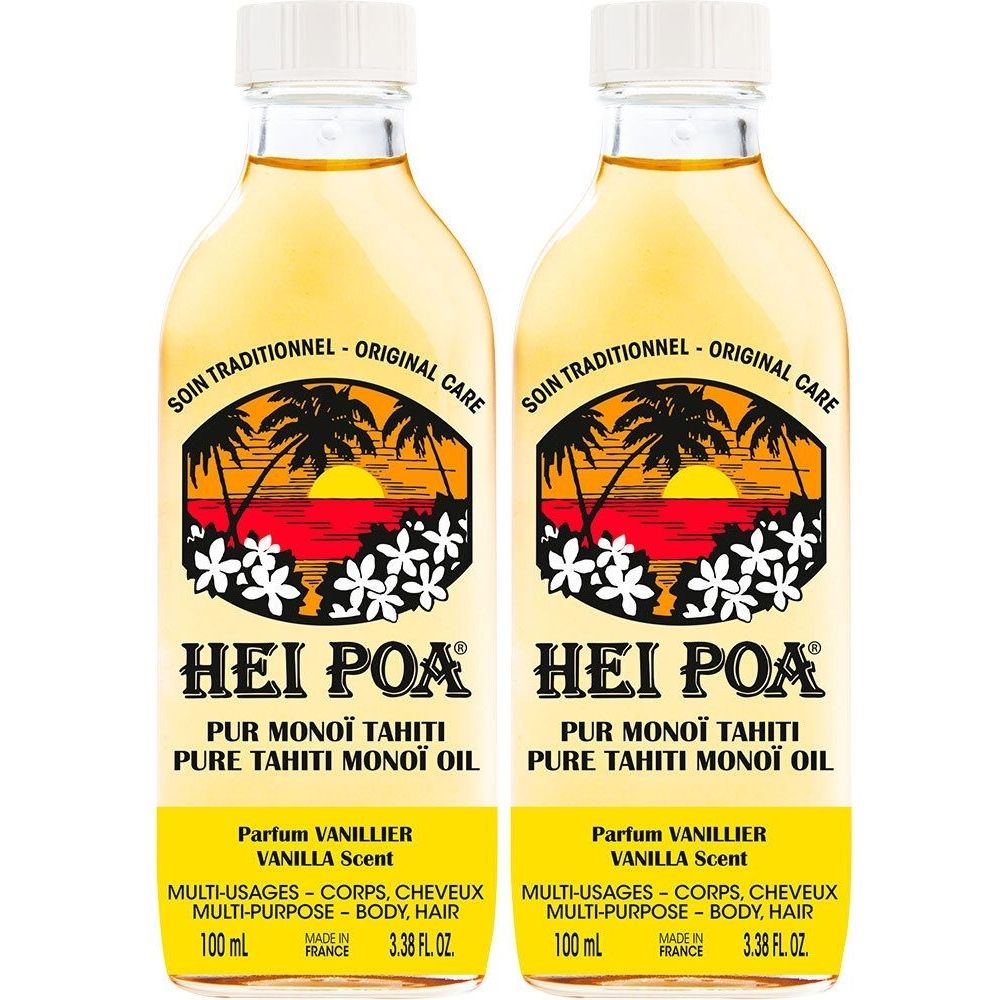 Zwei Flaschen HEI POA Pur Monoï Tahiti Öl. Aufschrift: Parfum Vanillier, Multi-Usages, 100 ml. Mit weißem Verschluss.