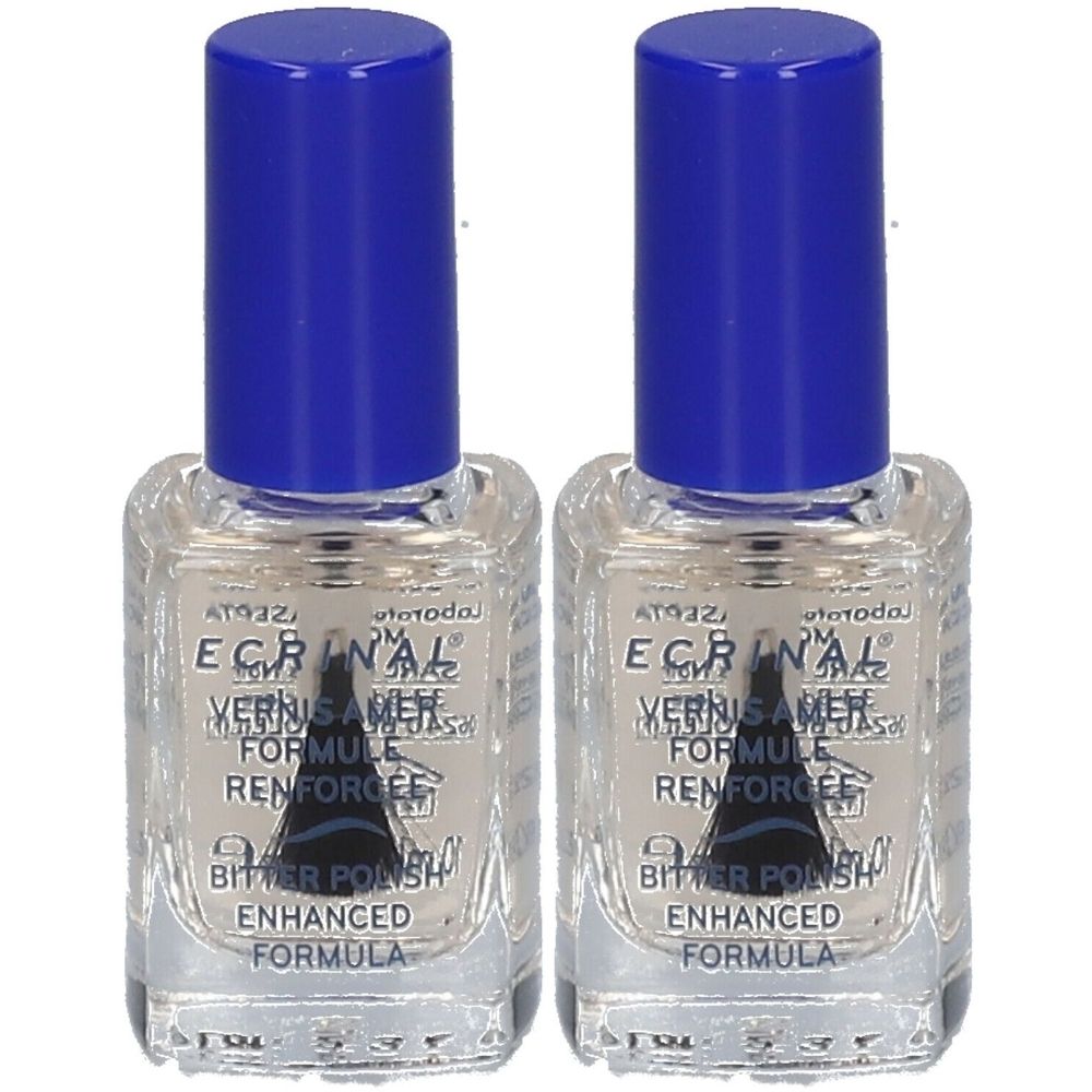 Zwei Flaschen Ecrinal Nagellack mit blauem Deckel. Aufschrift: Bitter Polish, Enhanced Formula.
