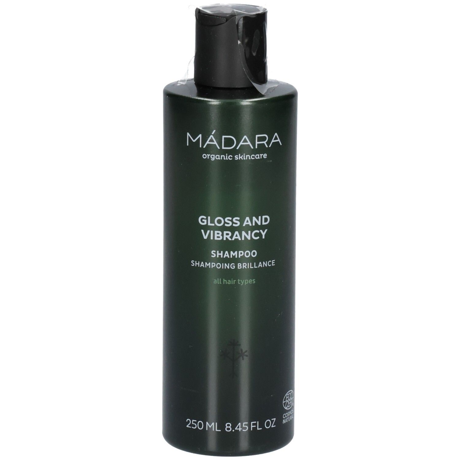 Dunkelgrüne Flasche MÁDARA Gloss and Vibrancy Shampoo, 250 ml.