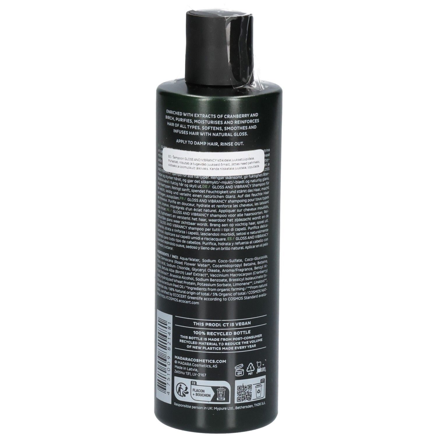 Dunkelgrüne Flasche mit schwarzem Deckel. Rückseite mit Produktinformationen und Inhaltsstoffen.