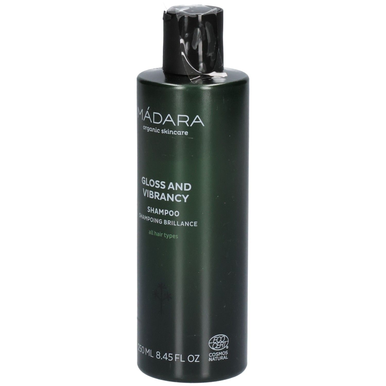 Dunkelgrüne Flasche MÁDARA Gloss and Vibrancy Shampoo, 250ml. COSMOS NATURAL zertifiziert.
