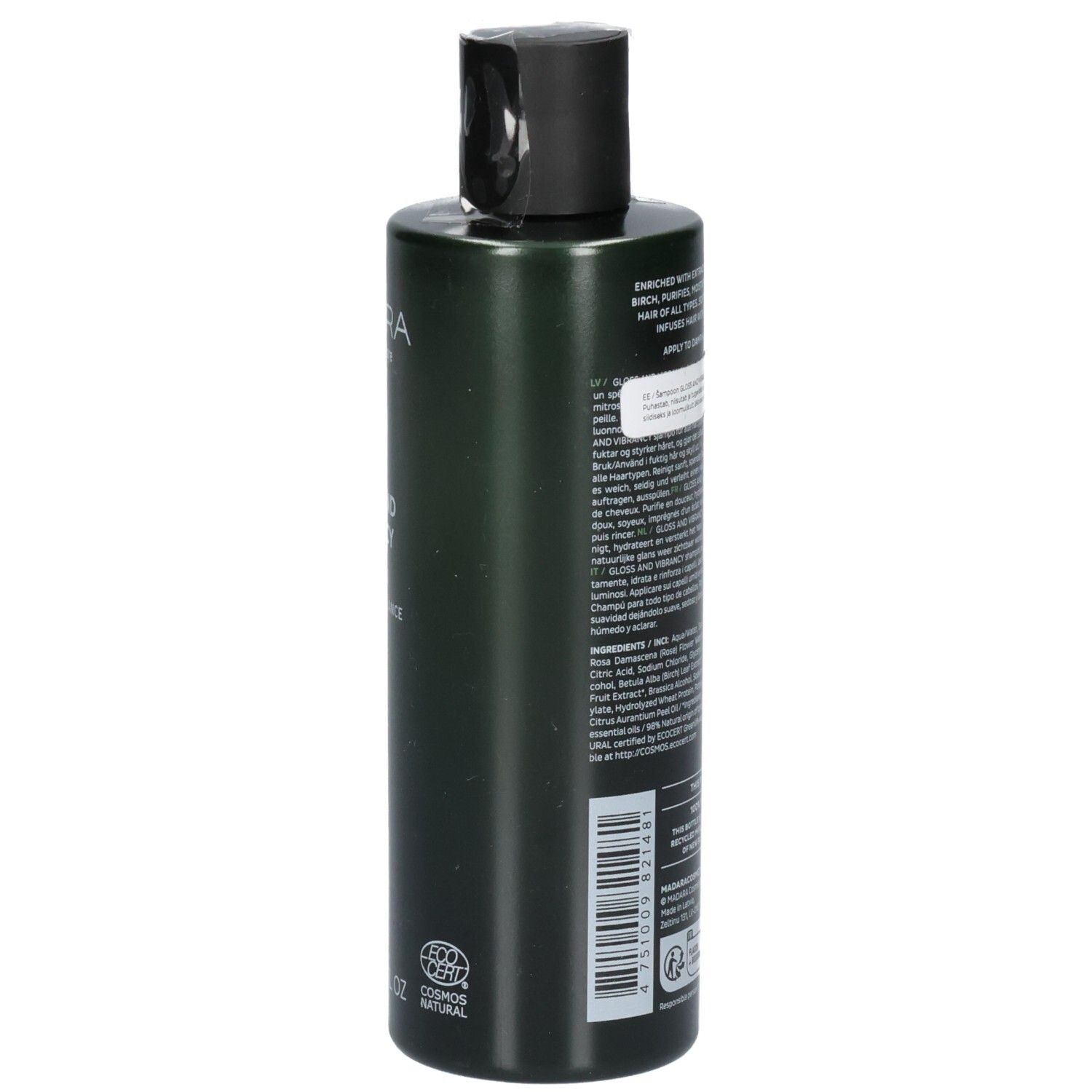 Dunkelgrüne Flasche mit schwarzem Klappdeckel. Enthält kosmetische Informationen und einen Barcode.