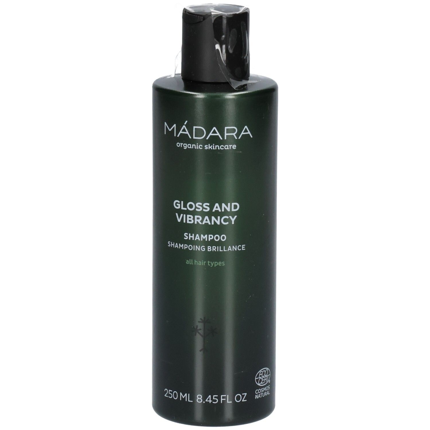 Dunkelgrüne Flasche MÁDARA Shampoo Gloss and Vibrancy, 250 ml.