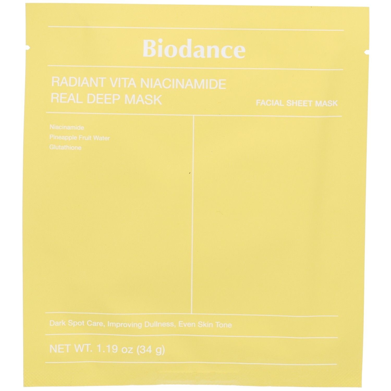 Gelbe Verpackung mit Produktnamen und Inhaltsangaben. Text: Radiant Vita Niacinamide Real Deep Mask. Nettogewicht: 1.16 oz (34 g).
