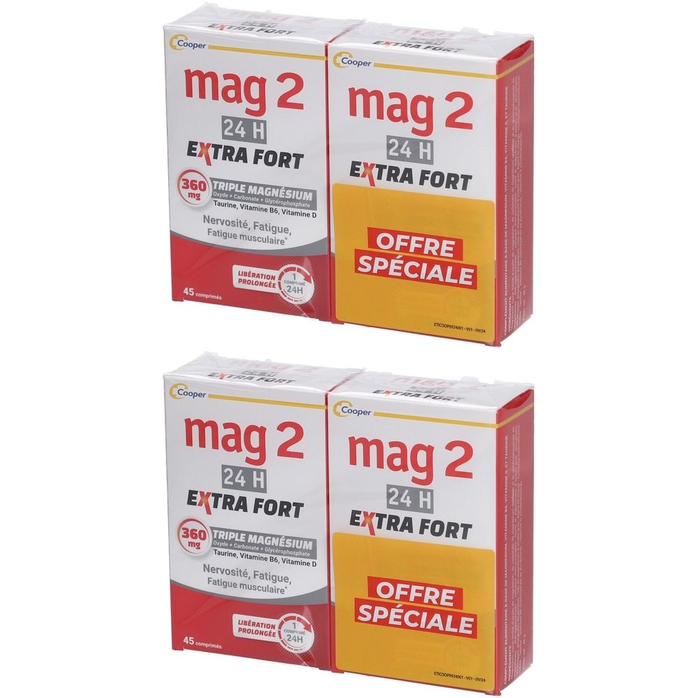 MAG 2 - 24H Extra stark - Anti-Nervosität und Anti-Müdigkeit - Nahrungsergänzungsmittel mit Magnesium, Vitamin B6, Vitamin D und Taurin - 90-Tage-Programm - Lot 2x45 Tabletten