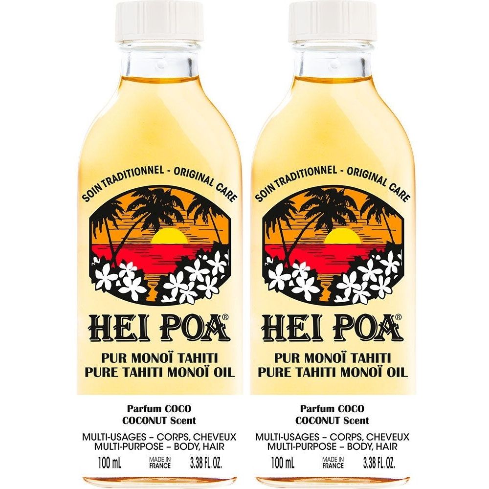Zwei Flaschen mit gelber Flüssigkeit. Aufschrift: HEI POA, Pur Monoï Tahiti, Kokosduft. Mehrzweck für Körper und Haar. 100 ml.