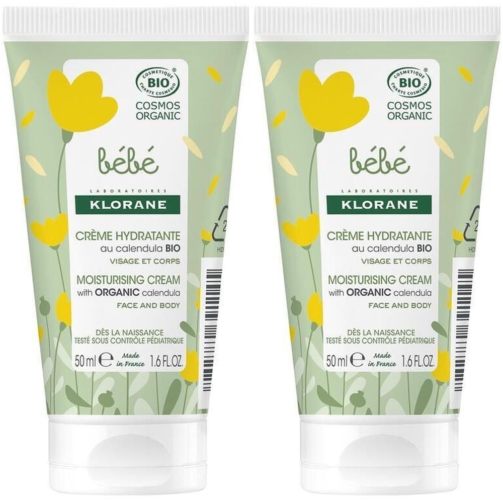 Zwei Tuben KLORANE Bébé Crème hydratante. Grün-weißes Design mit gelben Blumen. Text: Crème hydratante, au calendula BIO, visage et corps.