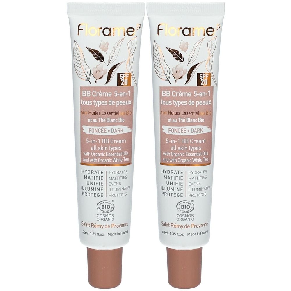 Zwei Tuben Florame BB Crème 5-en-1 Foncée. Weiße Tuben mit braunem Deckel. Text: SPF 20, BB Crème, alle Hauttypen, Bio-Zertifizierung.