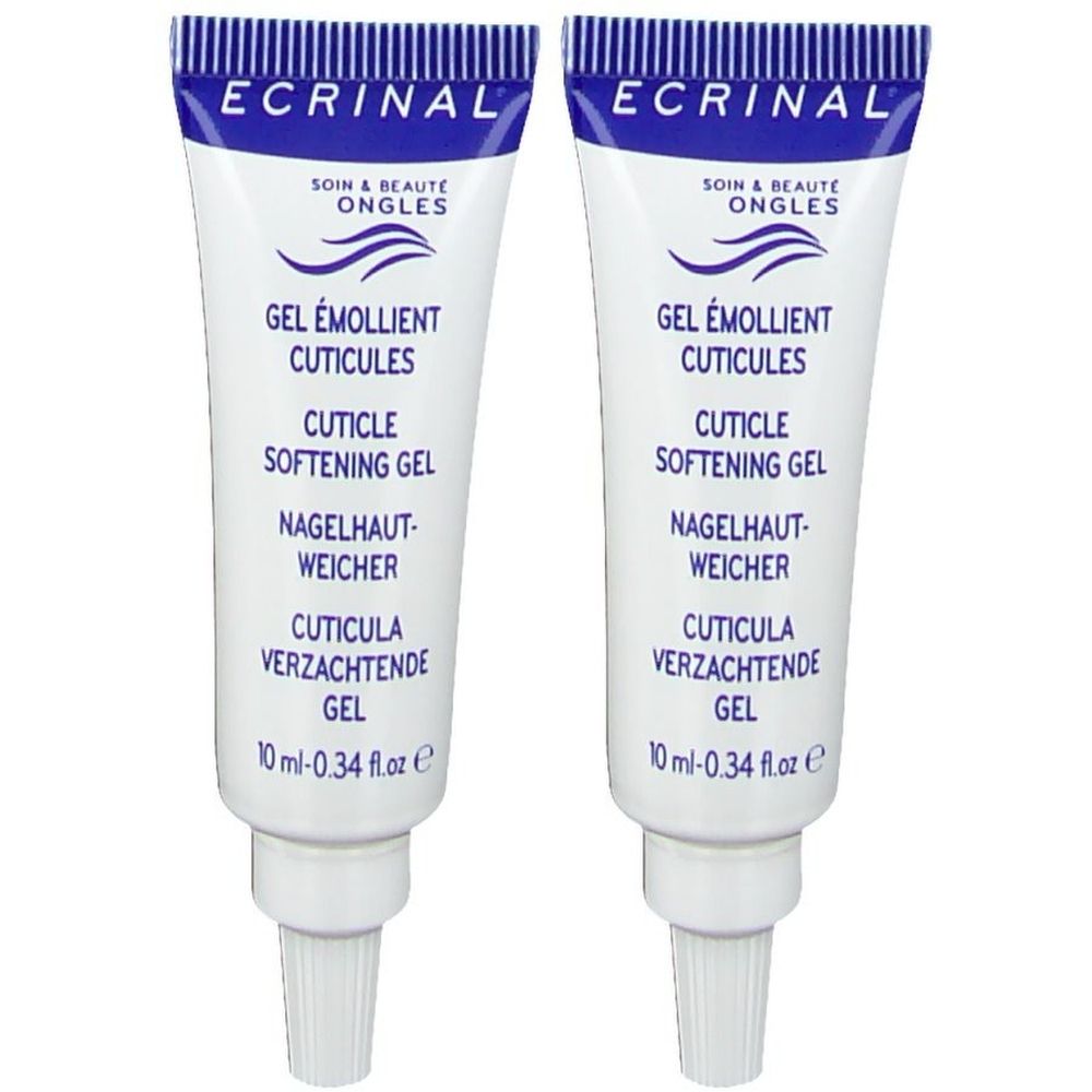 Zwei Tuben Ecrinal® Gel. Weiße Tuben mit blauer Schrift. Text: Gel émollient cuticules, Cuticle softening gel, Nagelhaut-Weicher.