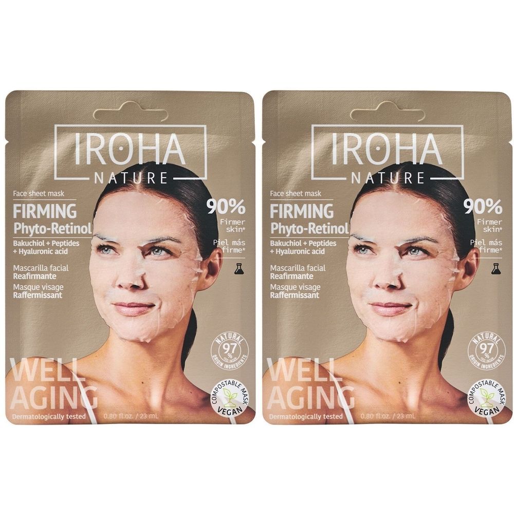 Zwei Blattmasken-Verpackungen. Auf jeder Verpackung ist eine Frau mit Maske abgebildet. Text: IROHA NATURE, FIRMING Phyto-Retinol, WELL AGING.