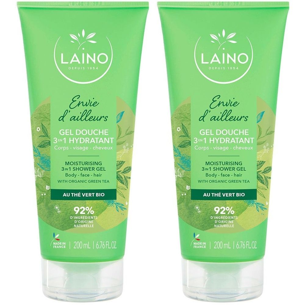 Zwei grüne Tuben Duschgel. Aufschrift: LAINO, Gel Douche 3-in-1, Thé Vert BIO. 92% Inhaltsstoffe natürlichen Ursprungs.