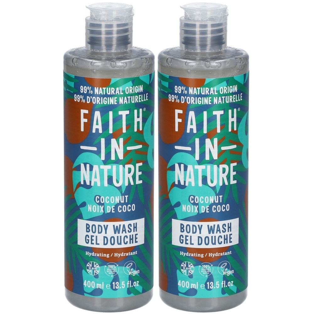Zwei Flaschen FAITH IN NATURE Duschgel. Aufschrift: Coconut, Body Wash, 400 ml. Mit grünen, braunen und blauen Mustern.