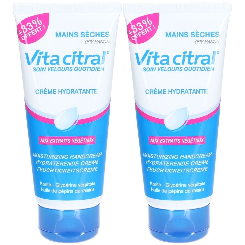 Zwei Tuben Handcreme. Weiß, blau und rosa. Aufschrift: Vita citral, Crème hydratante, Moisturizing Handcream.