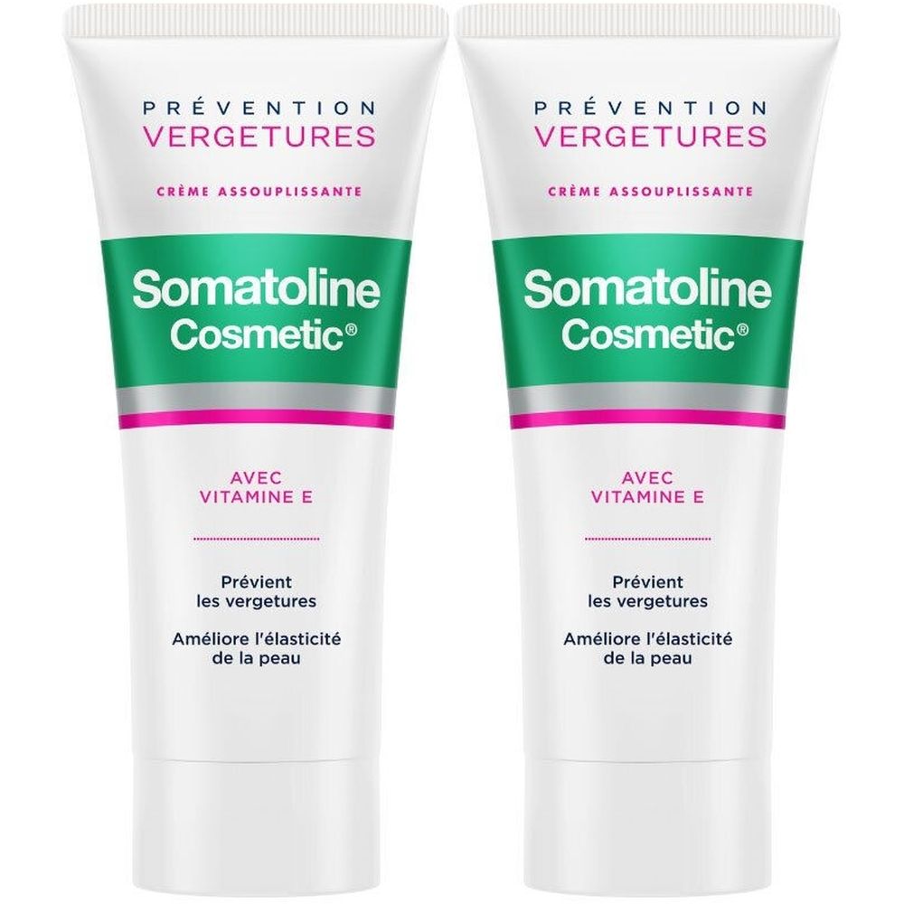 Zwei Tuben mit weißem Hintergrund. Aufschrift: Prévention Vergetures, Crème Assouplissante, Somatoline Cosmetic, mit Vitamin E.