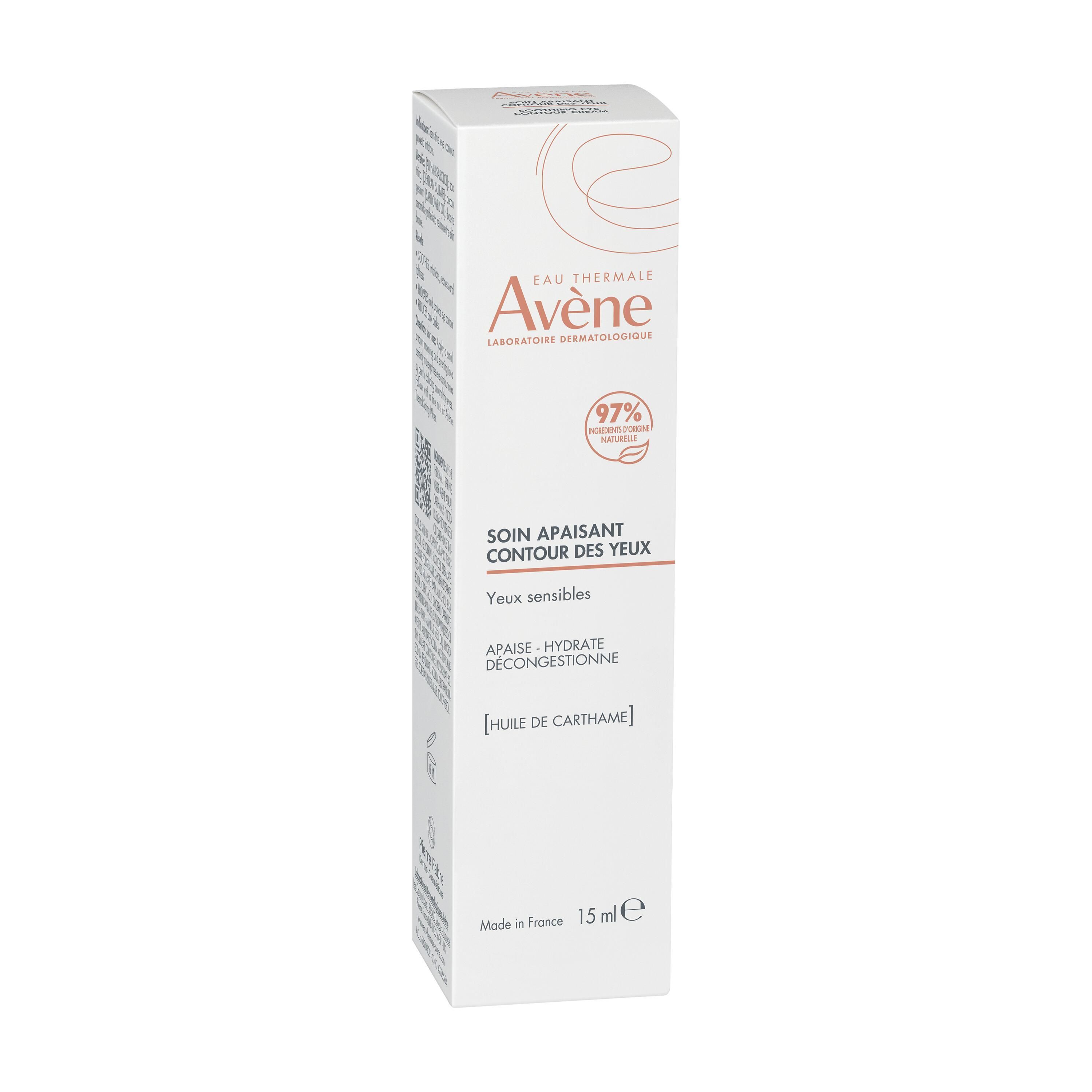Emballage blanc de crème pour les yeux. Inscription: Avène, Soin apaisant contour des yeux, 15 ml. Pour yeux sensibles.