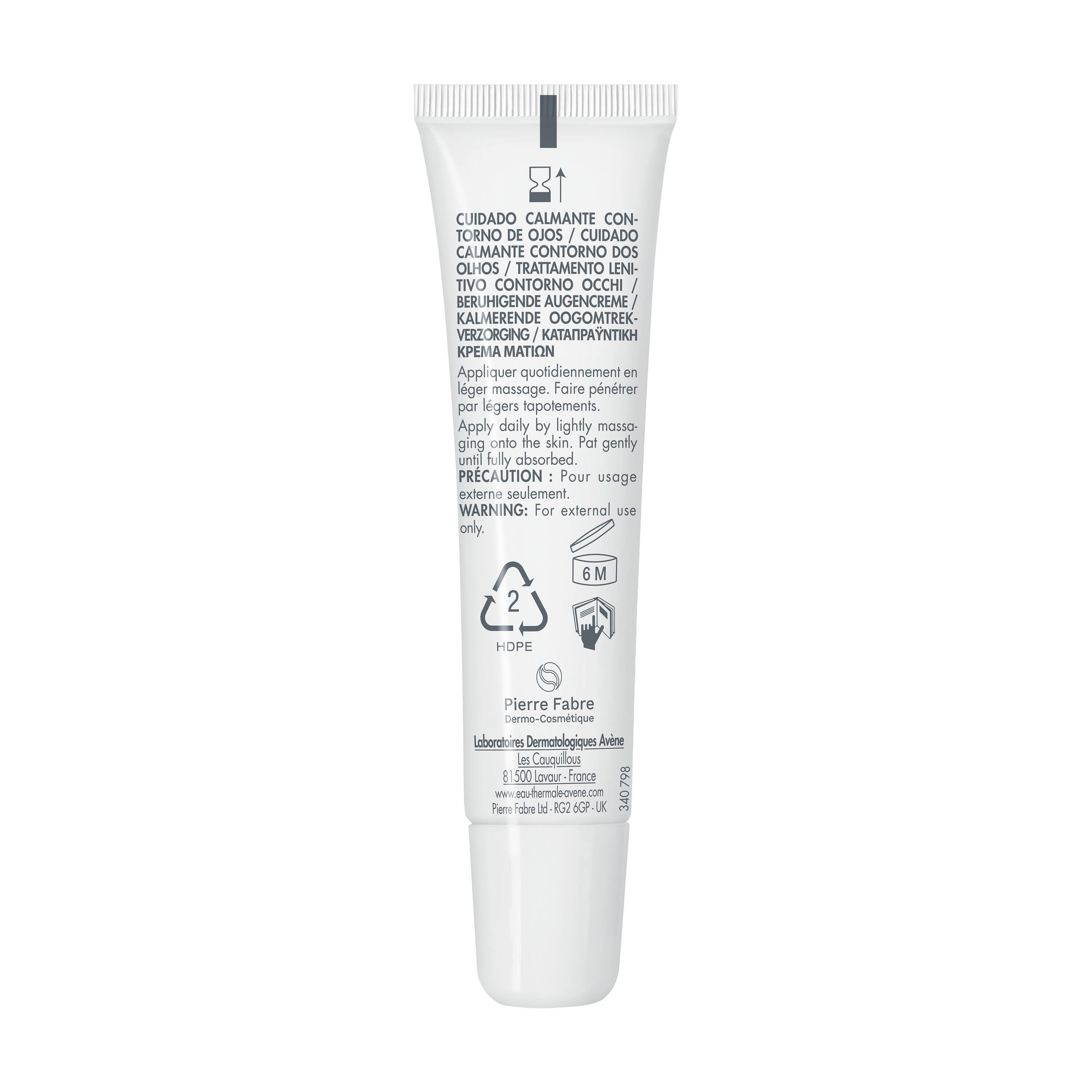 Dos du tube de crème pour les yeux. Instructions multilingues et symboles. Fabricant: Pierre Fabre.