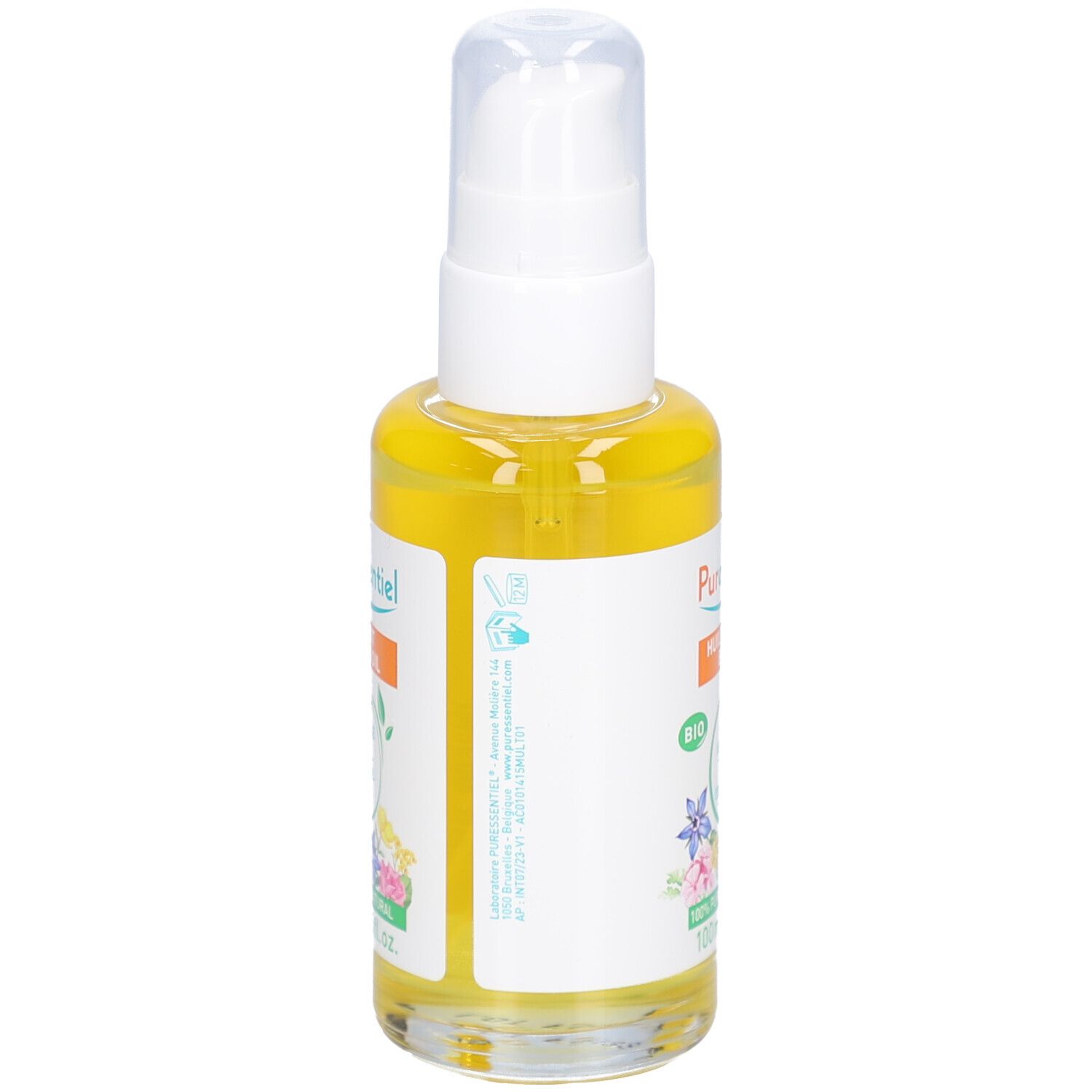 Gelbliche Flüssigkeit in einer Flasche mit weißem Pumpkopf. Etikett mit floralen Illustrationen und Text.