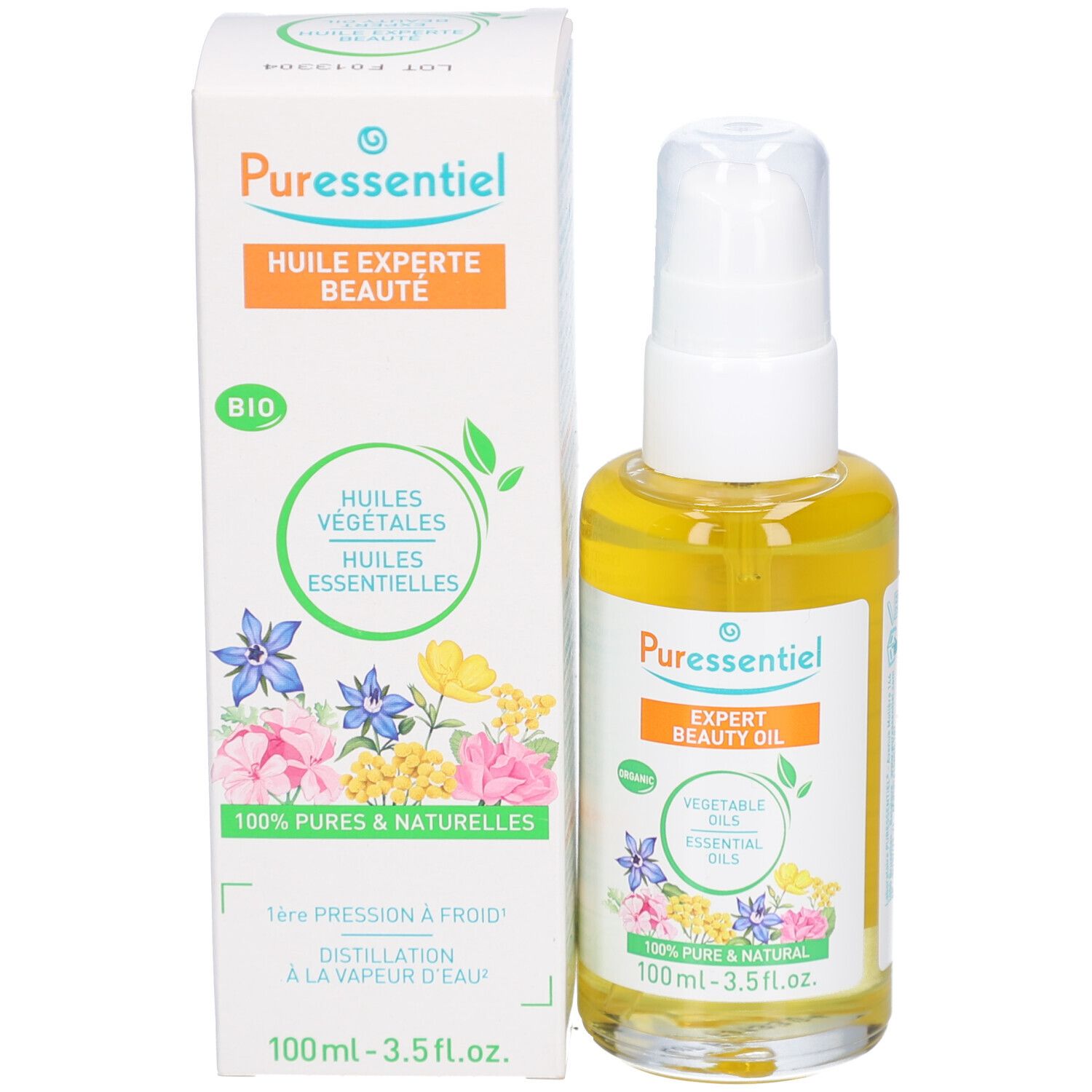 Produktflasche mit Kartonverpackung. Flasche mit gelblicher Flüssigkeit und weißem Pumpkopf. Text und Logo.
